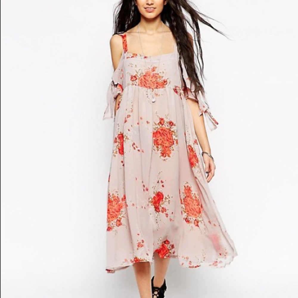 Free People Grey Floral Midi Off Shoulder Tied to You Dress M